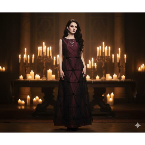 VTG Rickie Freeman Evening Gown Black Red Mesh Overlay Vamp Whimsigoth Gothic 8 - Picture 1 of 15